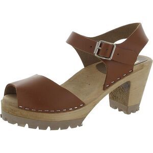 Mia Womens Greta Tan Leather Wood Open Toe Clogs Shoes Used